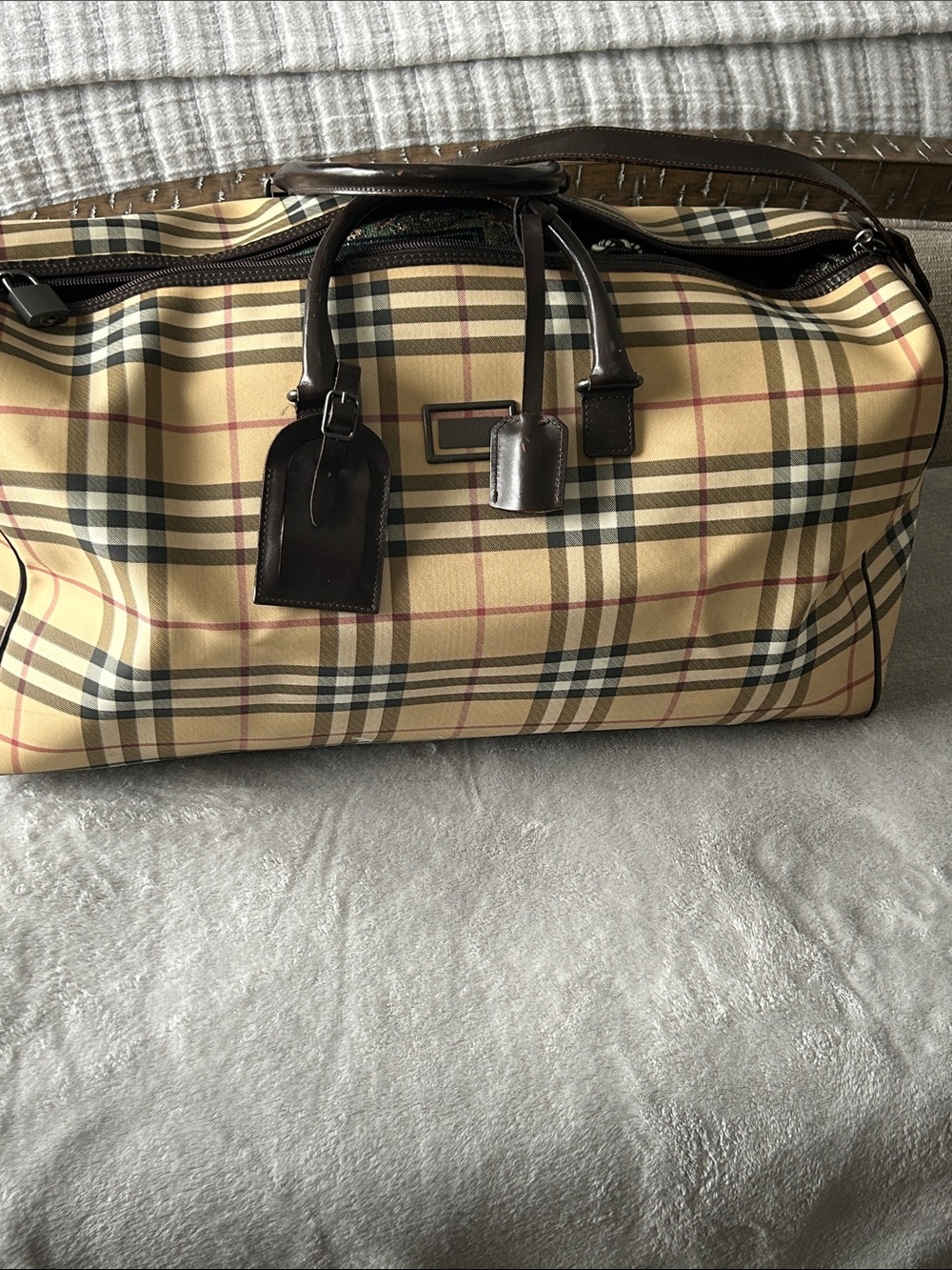 Burberry Travel Beige Check Canvas Duffel with Dark Brown Leather Trim